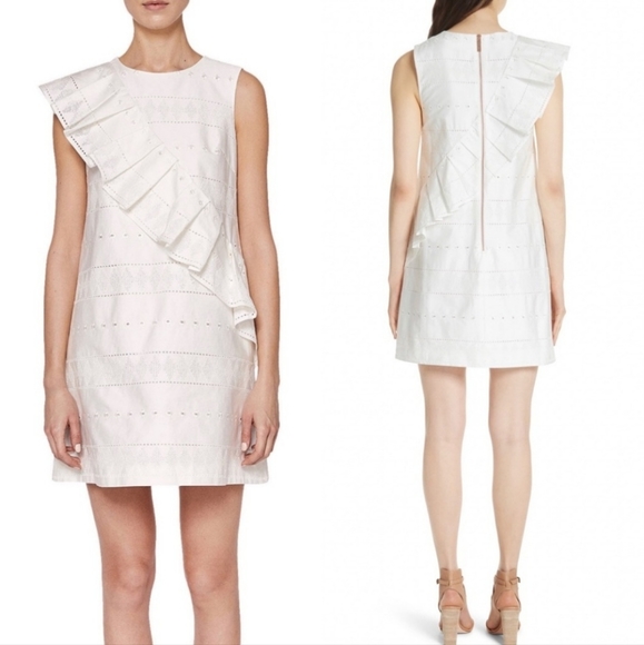 Ted Baker Dresses & Skirts - Ted Baker Size 4 White Mahlene Embroidered Ruffle Shift Dress